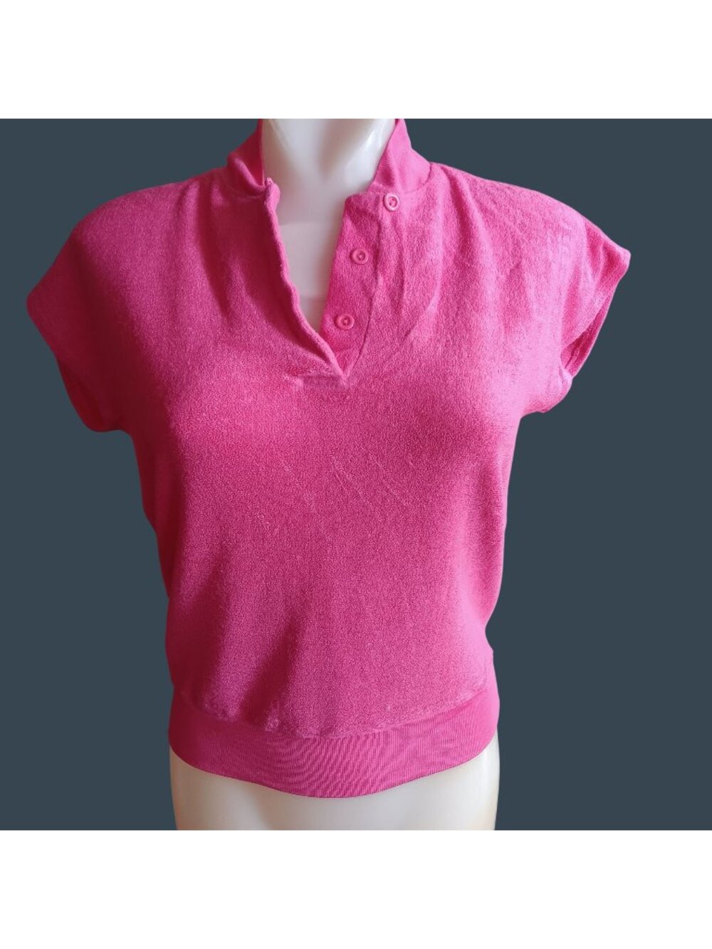 Medium Vintage 70's Pink Top Terrycloth Disco Top Rayon Button-Up Collar
